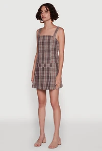 Womens Plaid Square Neck Sleeveless Pleated Hem Dress, Brown, Size S