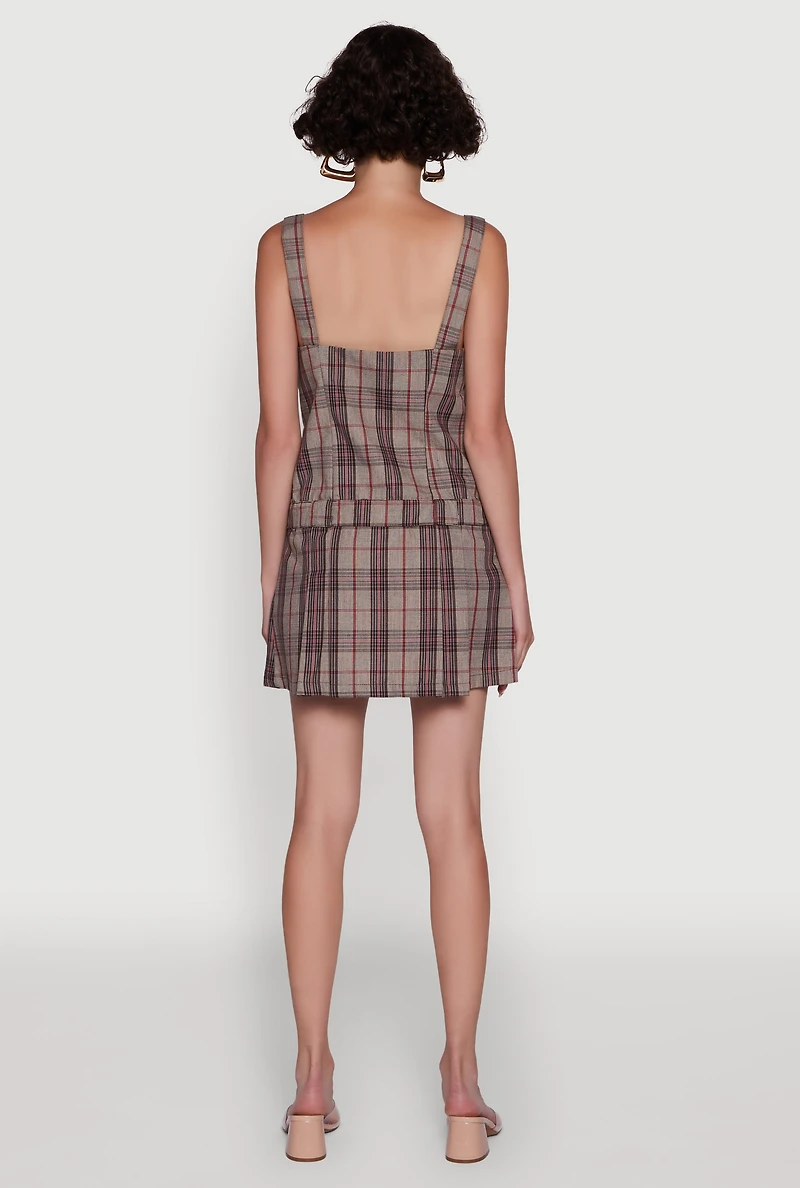 Womens Plaid Square Neck Sleeveless Pleated Hem Dress, Brown, Size S