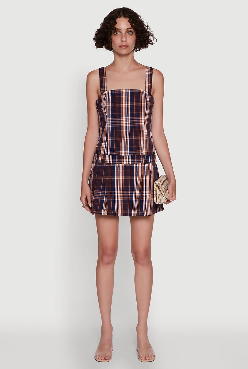 Plaid Square Neck Sleeveless Pleated Hem Dress