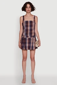 Plaid Square Neck Sleeveless Pleated Hem Dress