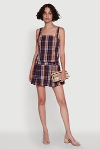 Womens Plaid Square Neck Sleeveless Pleated Hem Dress, Multi, Size S