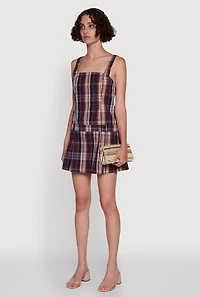 Womens Plaid Square Neck Sleeveless Pleated Hem Dress, Multi, Size S