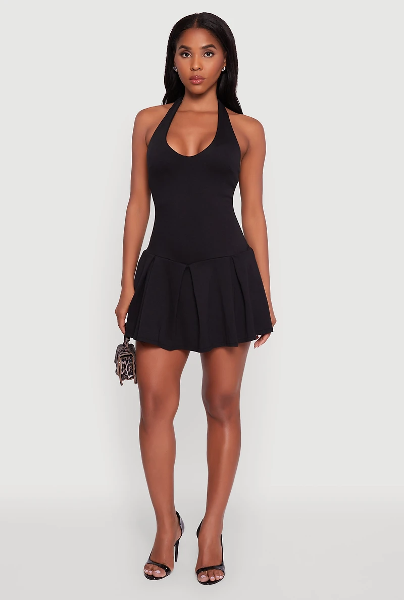 Womens Ponte Tie Back Halter Dress with Shelf Bra, Black, Size S