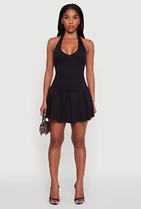 Womens Ponte Tie Back Halter Dress with Shelf Bra, Black,