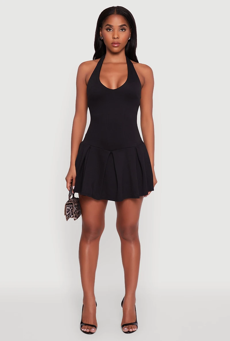 Womens Ponte Tie Back Halter Dress with Shelf Bra, Black, Size S