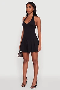 Womens Ponte Tie Back Halter Dress with Shelf Bra, Black, Size S