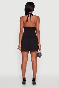 Womens Ponte Tie Back Halter Dress with Shelf Bra, Black,