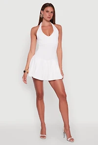 Womens Ponte Tie Back Halter Dress with Shelf Bra, White, Size XL