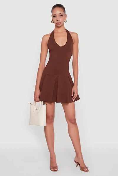 Womens Ponte Tie Back Halter Dress with Shelf Bra,