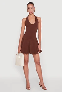 Womens Ponte Tie Back Halter Dress with Shelf Bra,