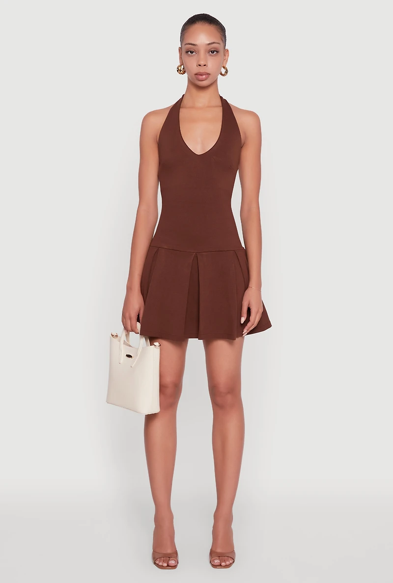Womens Ponte Tie Back Halter Dress with Shelf Bra,