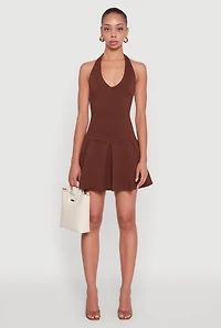 Womens Ponte Tie Back Halter Dress with Shelf Bra,