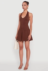 Womens Ponte Tie Back Halter Dress with Shelf Bra,