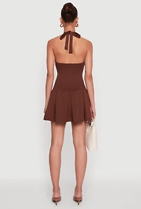 Womens Ponte Tie Back Halter Dress with Shelf Bra,