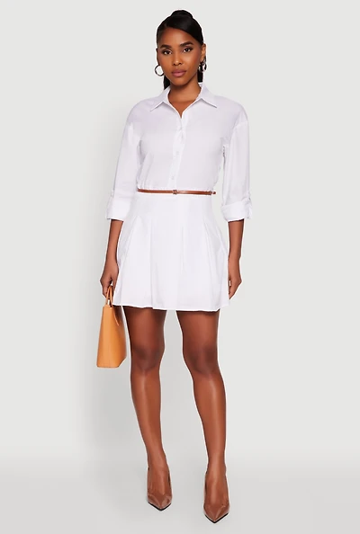 Womens Tabbed Sleeve Belted Button Front Shirt Dress, White, Size M