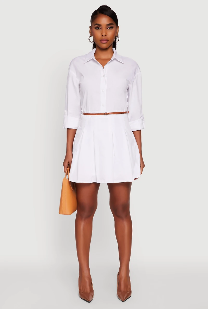 Tabbed Sleeve Belted Button Front Shirt Dress