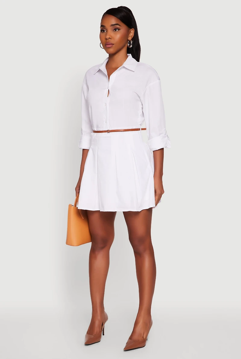Womens Tabbed Sleeve Belted Button Front Shirt Dress, White, Size M