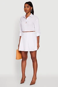 Womens Tabbed Sleeve Belted Button Front Shirt Dress, White, Size M