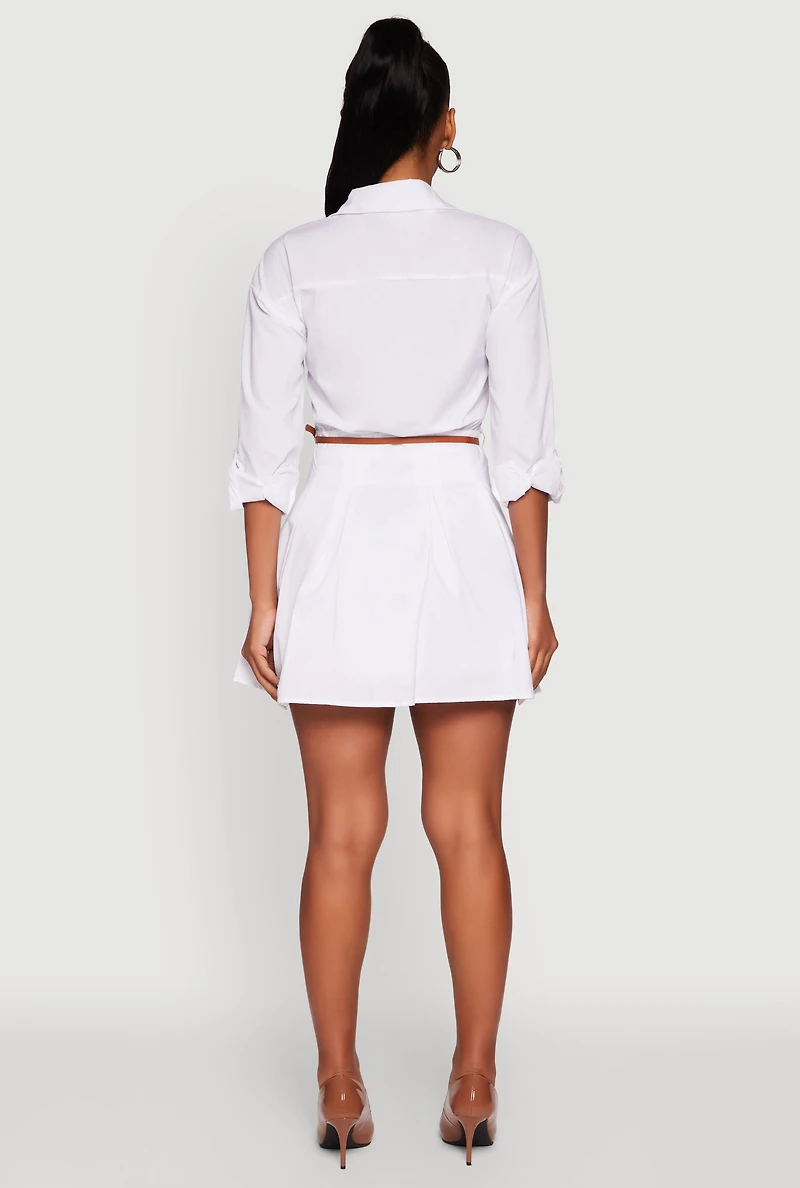 Womens Tabbed Sleeve Belted Button Front Shirt Dress, White, Size M