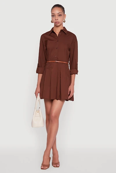 Womens Tabbed Sleeve Belted Button Front Shirt Dress, Brown, Size M