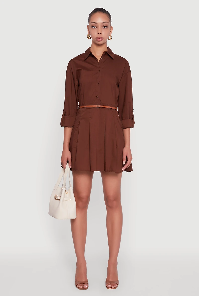 Womens Tabbed Sleeve Belted Button Front Shirt Dress, Brown, Size M