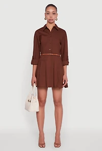 Womens Tabbed Sleeve Belted Button Front Shirt Dress, Brown,