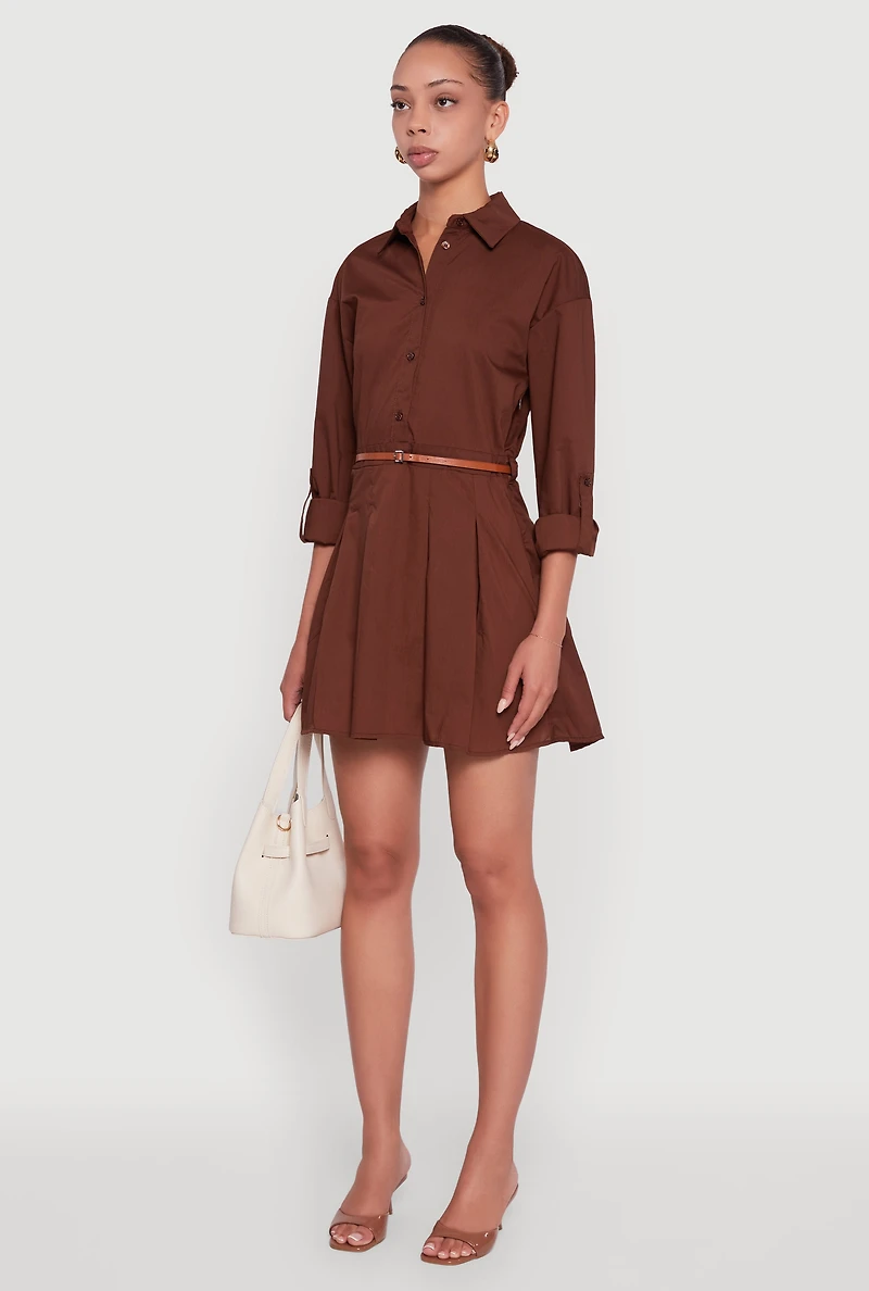 Womens Tabbed Sleeve Belted Button Front Shirt Dress, Brown, Size M