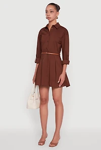 Womens Tabbed Sleeve Belted Button Front Shirt Dress,