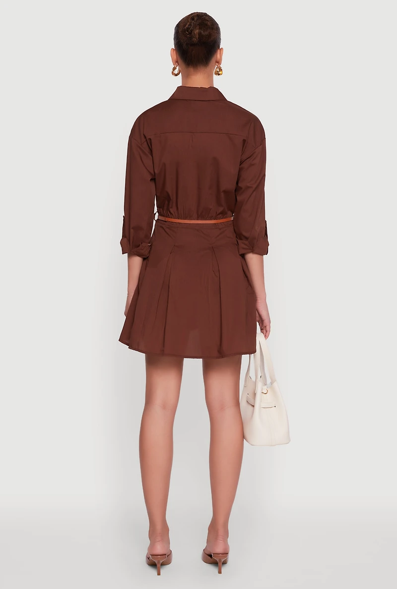 Womens Tabbed Sleeve Belted Button Front Shirt Dress, Brown,