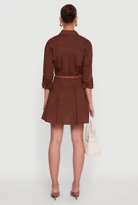 Womens Tabbed Sleeve Belted Button Front Shirt Dress, Brown,