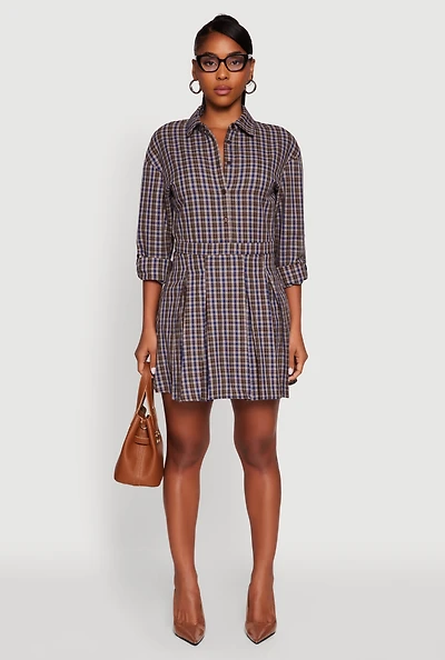 Womens Plaid Tabbed Sleeve Button Front Shirt Dress, Brown, Size XL