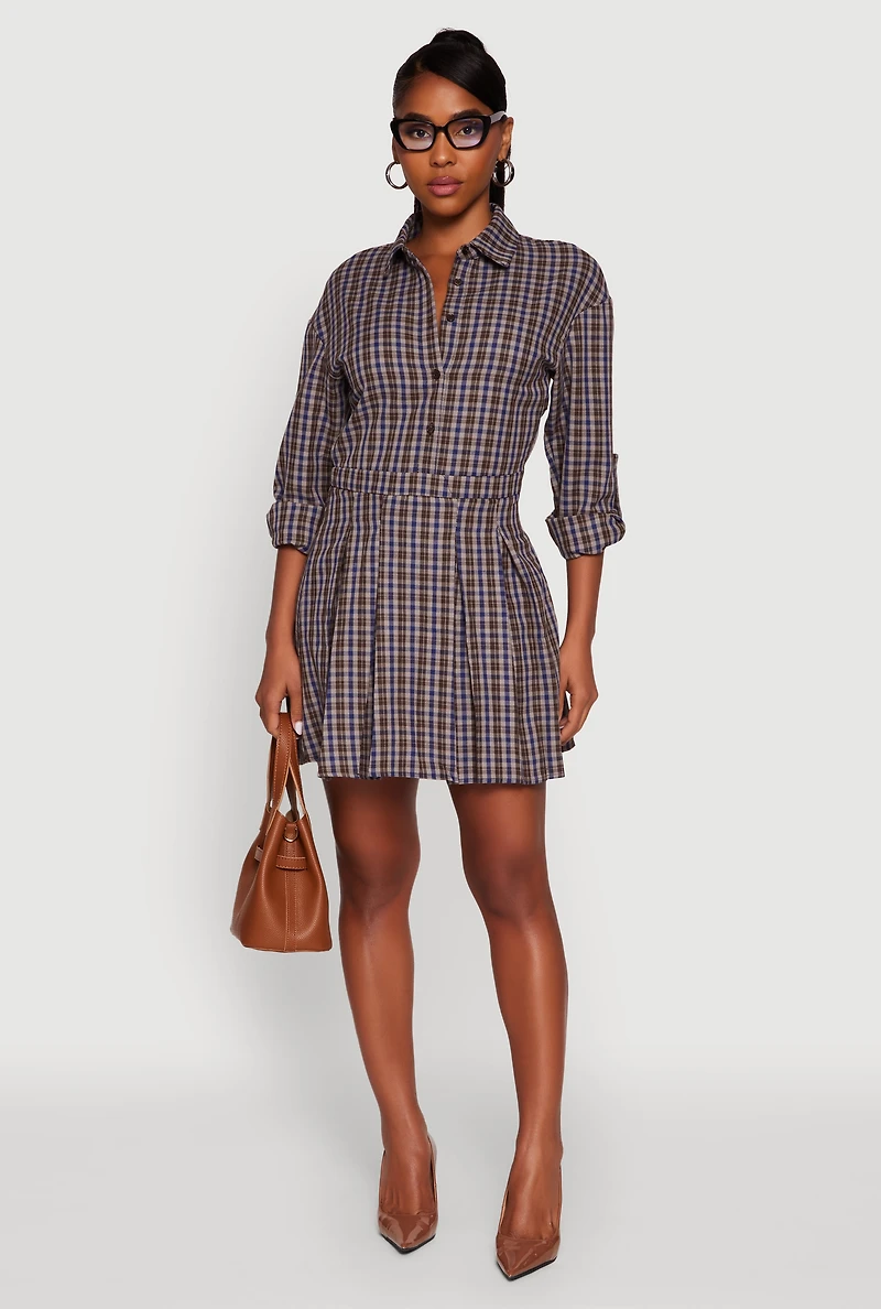 Womens Plaid Tabbed Sleeve Button Front Shirt Dress, Brown, Size XL