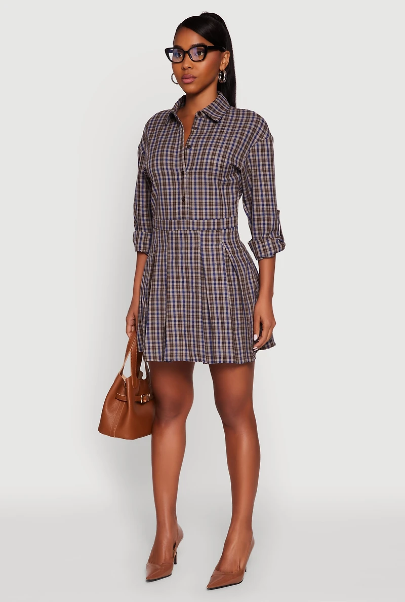 Womens Plaid Tabbed Sleeve Button Front Shirt Dress, Brown, Size XL