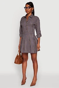 Womens Plaid Tabbed Sleeve Button Front Shirt Dress, Brown, Size XL