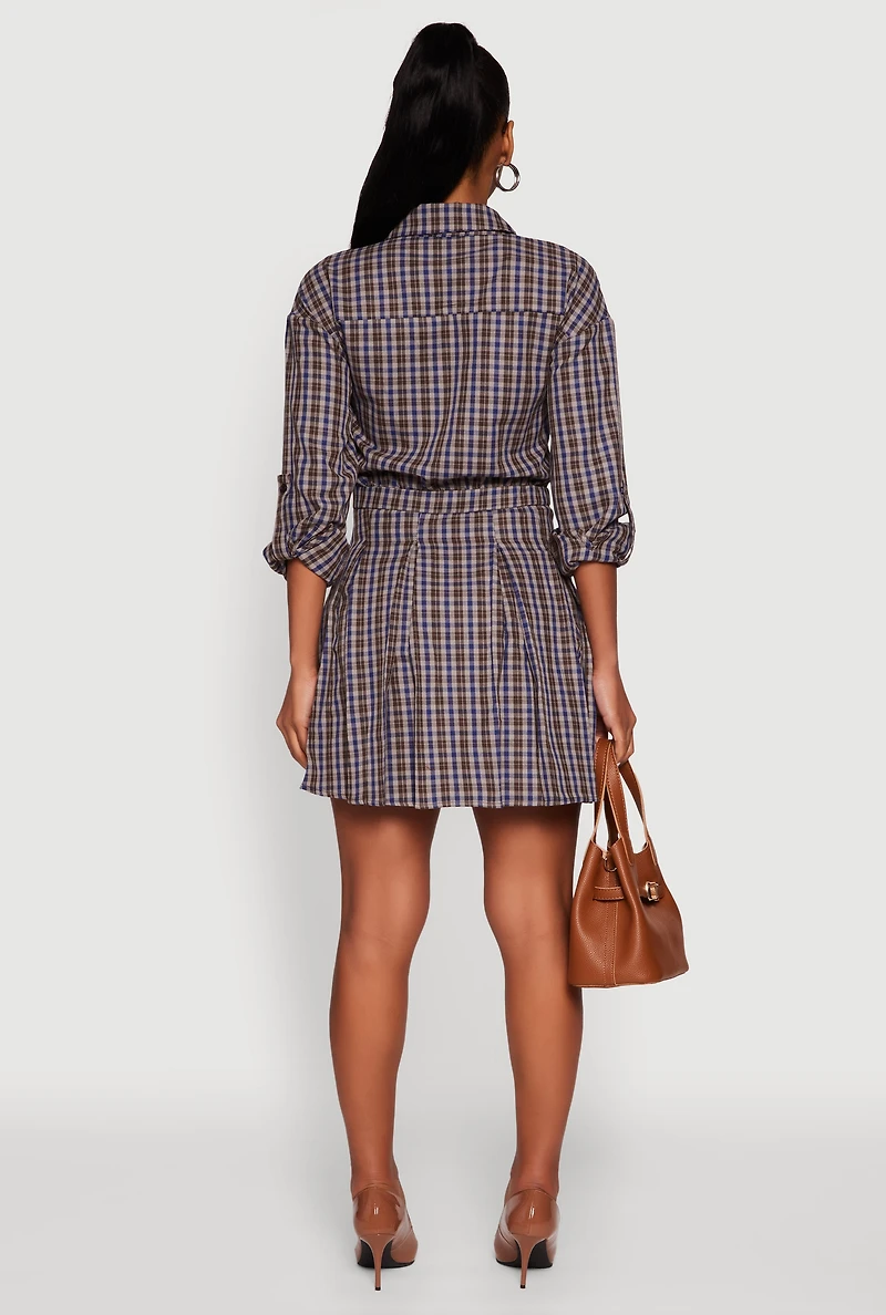 Womens Plaid Tabbed Sleeve Button Front Shirt Dress, Brown, Size XL