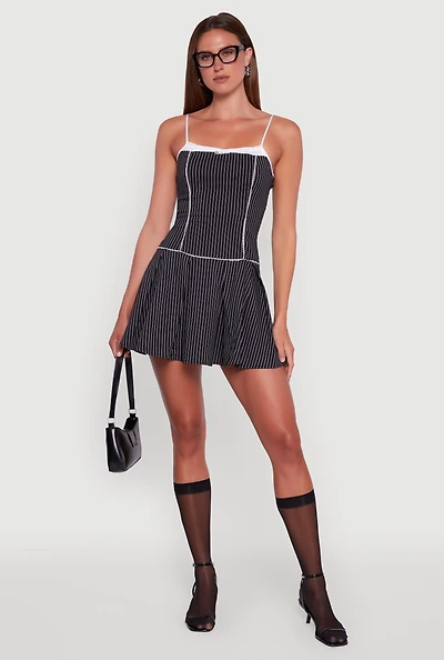 Sleeveless Contrast Trim Pinstripe Pleated Dress