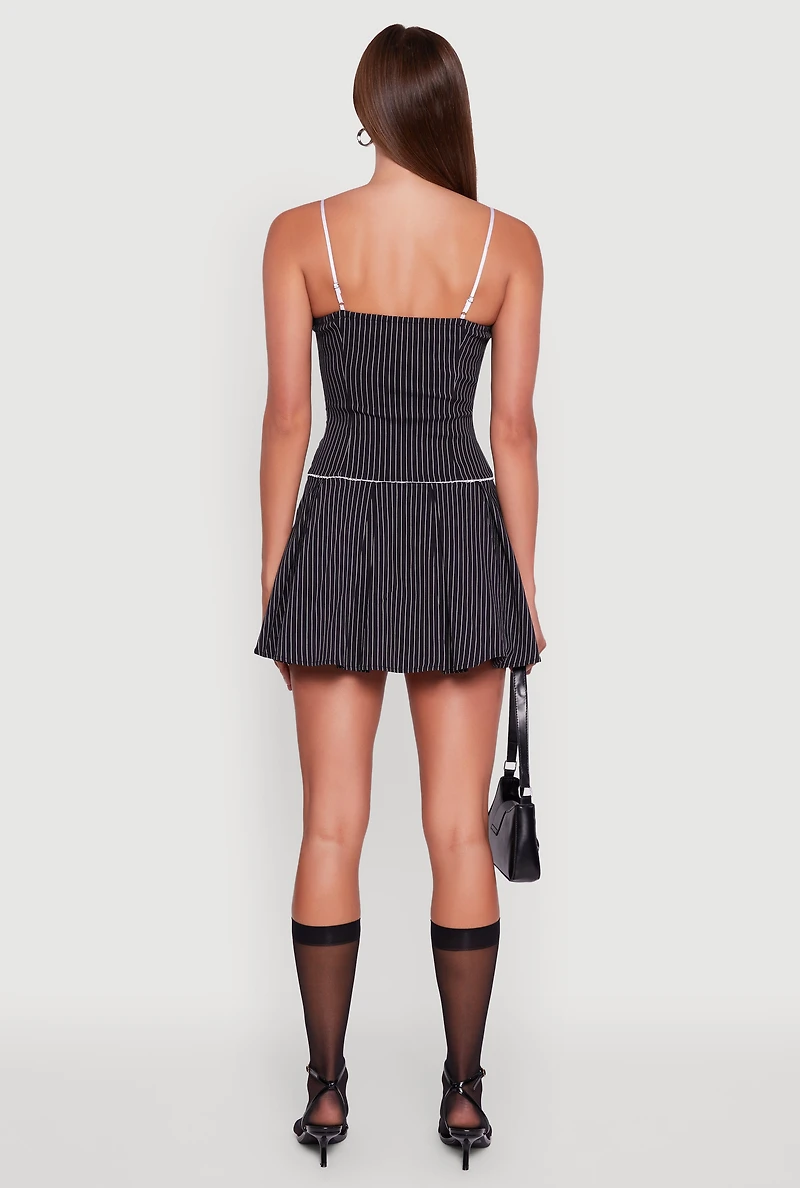 Sleeveless Contrast Trim Pinstripe Pleated Dress