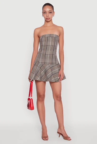 Womens Plaid Strapless Skater Dress, Brown,