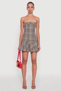 Womens Plaid Strapless Skater Dress, Brown, Size S