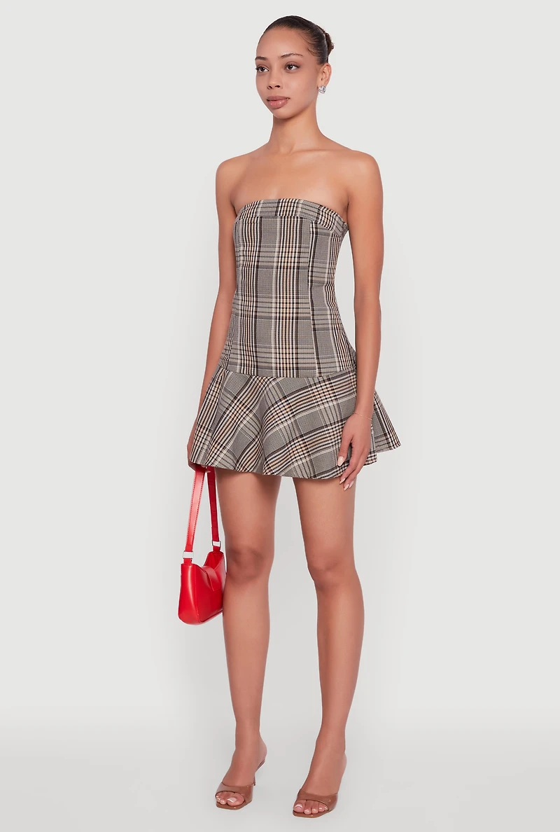 Womens Plaid Strapless Skater Dress, Brown, Size S