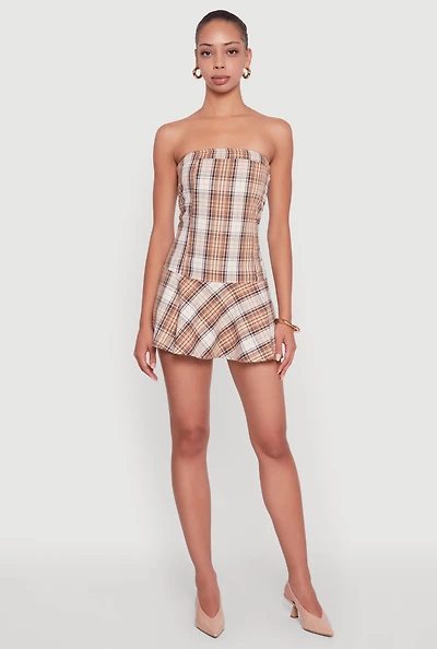 Womens Plaid Strapless Skater Dress, Brown, Size S