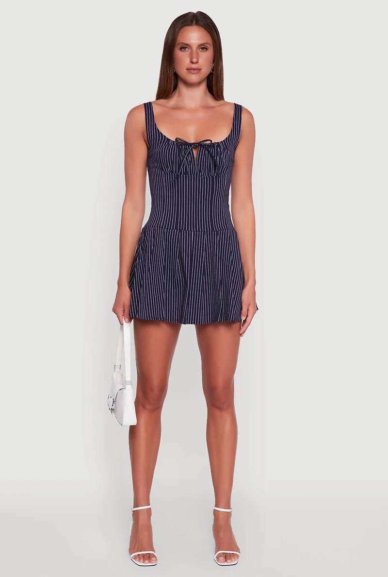Womens Pinstripe Pleated Milkmaid Dress, Blue, Size M