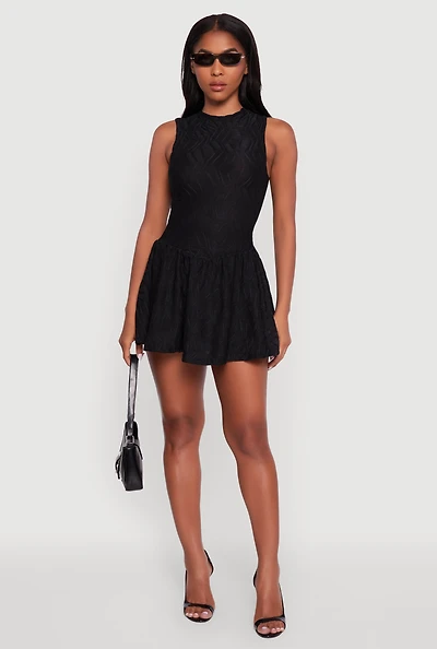 Womens Textured Knit High Neck Sleeveless Skater Dress, Black,