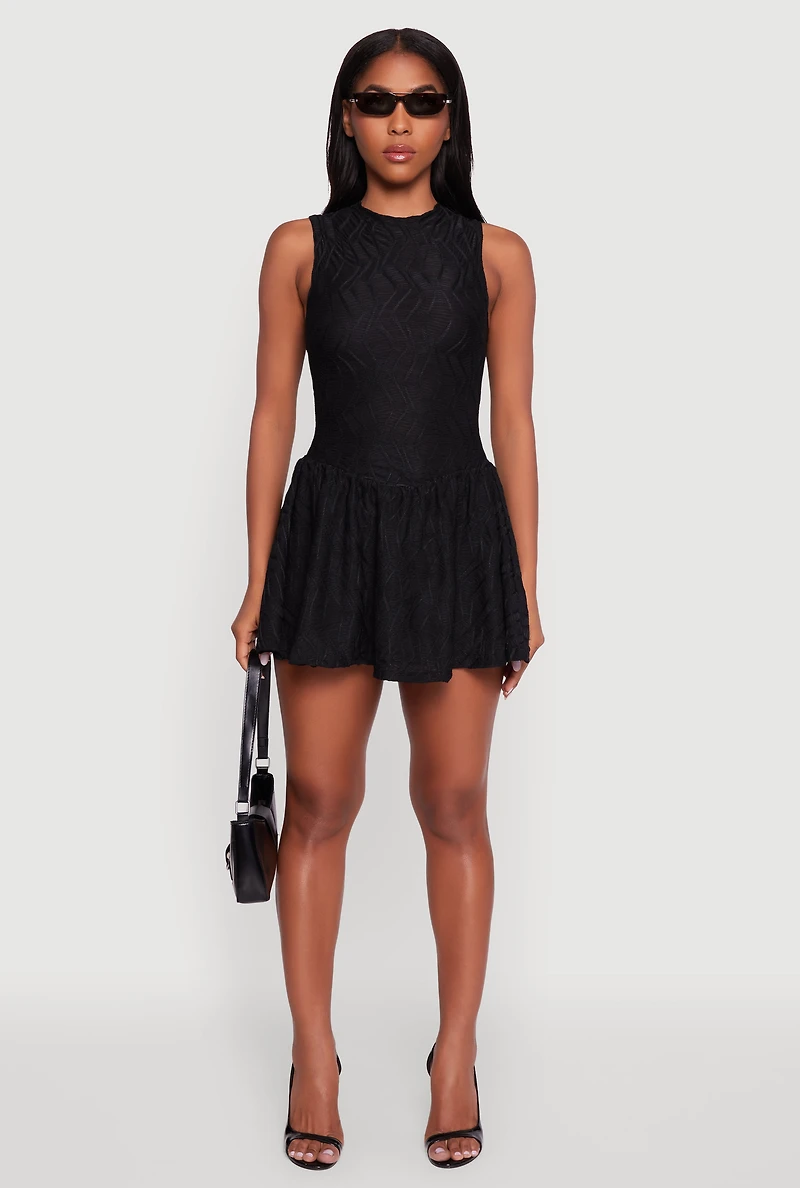 Womens Textured Knit High Neck Sleeveless Skater Dress, Black,