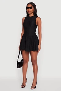 Womens Textured Knit High Neck Sleeveless Skater Dress, Black,