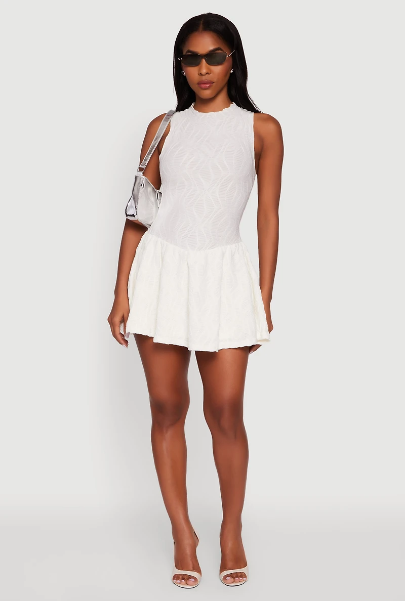 Womens Textured Knit High Neck Sleeveless Skater Dress, White, Size S