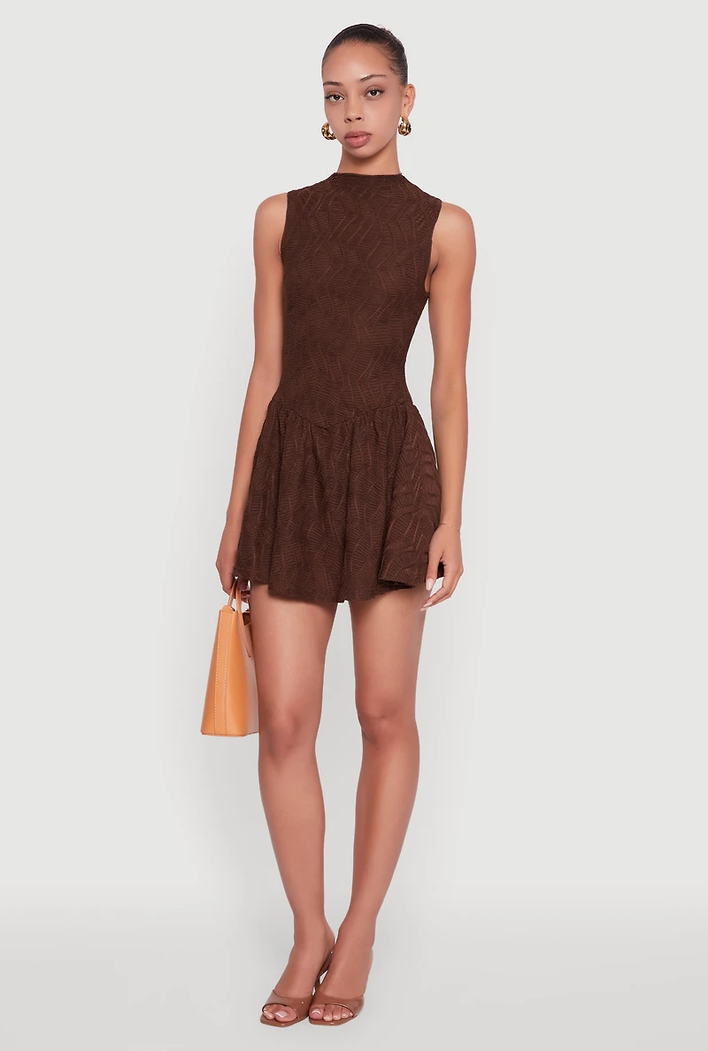Womens Textured Knit High Neck Sleeveless Skater Dress, Brown, Size M