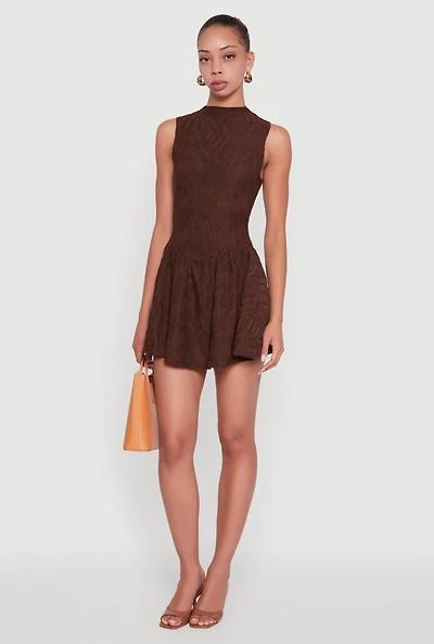 Womens Textured Knit High Neck Sleeveless Skater Dress, Brown, Size M