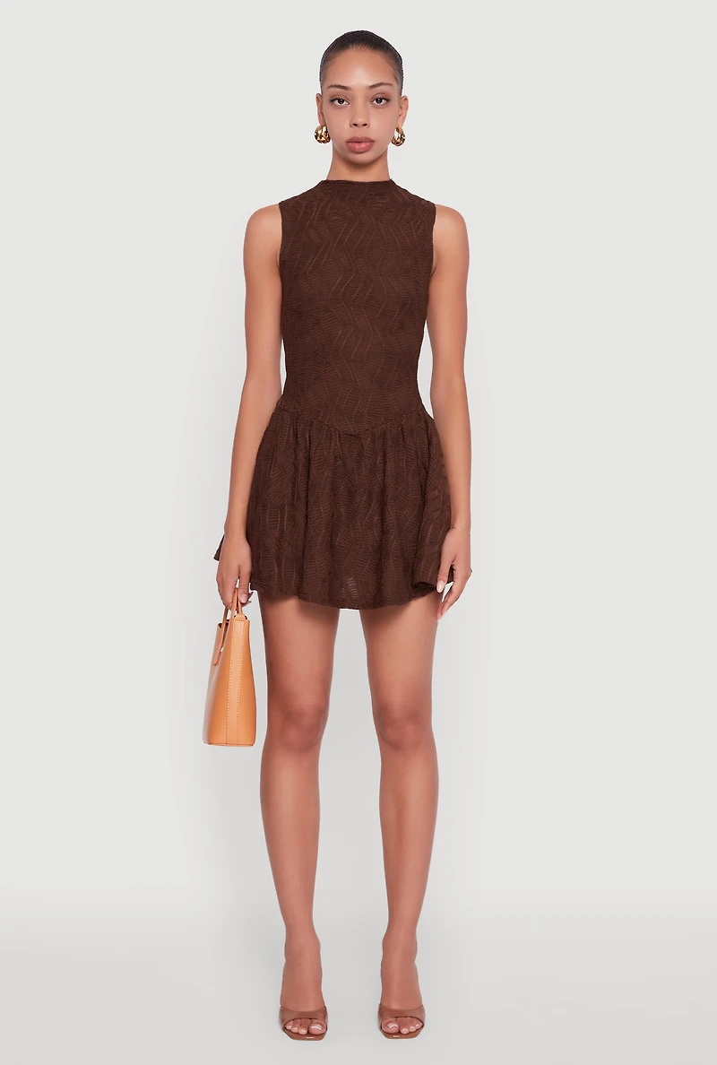 Womens Textured Knit High Neck Sleeveless Skater Dress, Brown, Size M