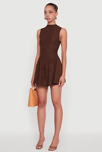 Womens Textured Knit High Neck Sleeveless Skater Dress, Brown, Size M